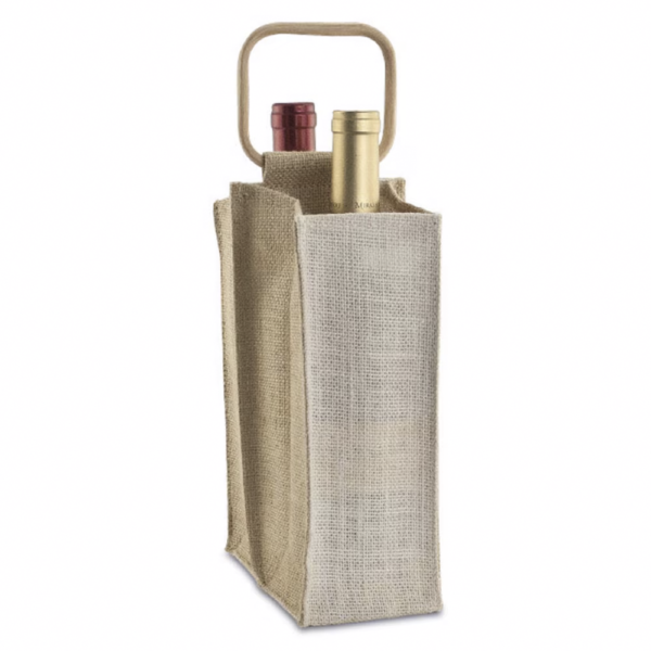 Jute Bag 2-Tone, Cane Handle, 2 Bottles - Image 3