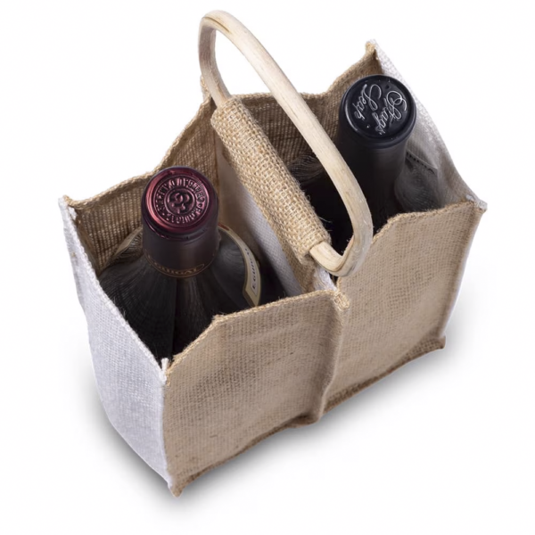 Jute Bag 2-Tone, Cane Handle, 2 Bottles - Image 2